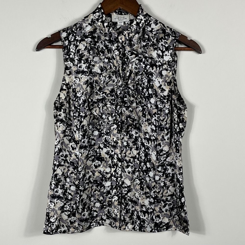 Tahari Arthur S. Levine Petite PXS Ruffle Front Sleeveless Blouse Abstract Print